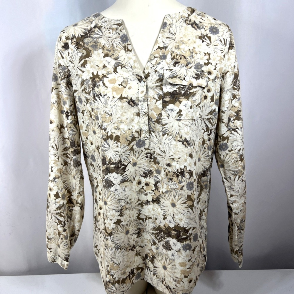 J. Jill Women's 100% Cotton‎ Cream Gray Brown Floral Classic Blouse Size XS